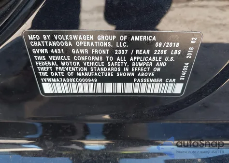2019 Volkswagen Passat 2.0T Se R-Line from USA, damaged, VIN 1VWMA7A30KC000949
